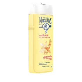 Le Petit Marseillais close-up label highlighting vanilla milk ingredient benefit