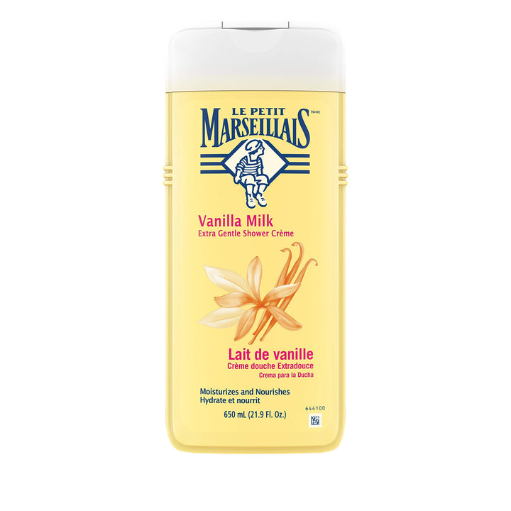 Le Petit Marseillais front packaging showing bottle and vanilla scent benefit