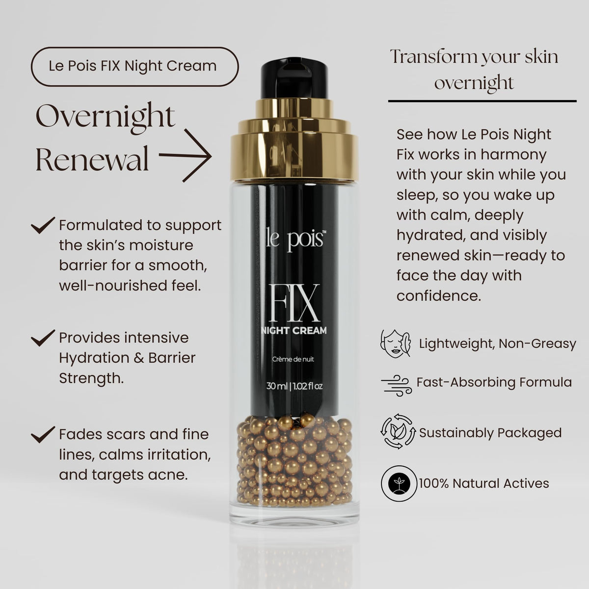 Le Pois FIX night cream next to common objects showing 1.02 fl oz size for travel