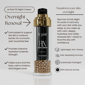 Le Pois FIX night cream next to common objects showing 1.02 fl oz size for travel