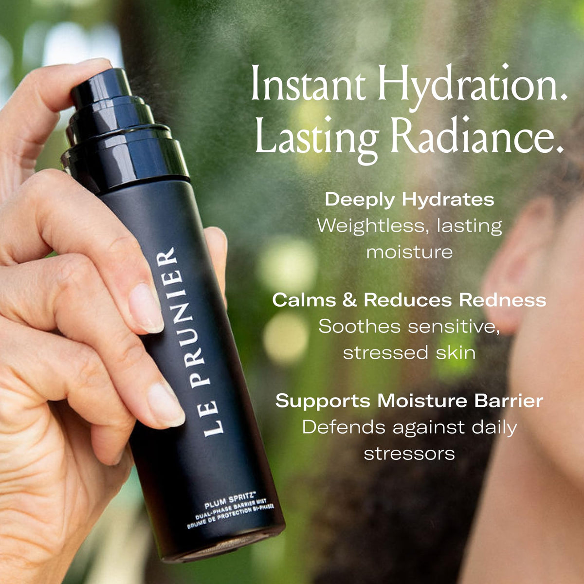 Le Prunier bottle in hand for scale showing travel-friendly moisturizing mist