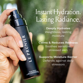 Le Prunier bottle in hand for scale showing travel-friendly moisturizing mist