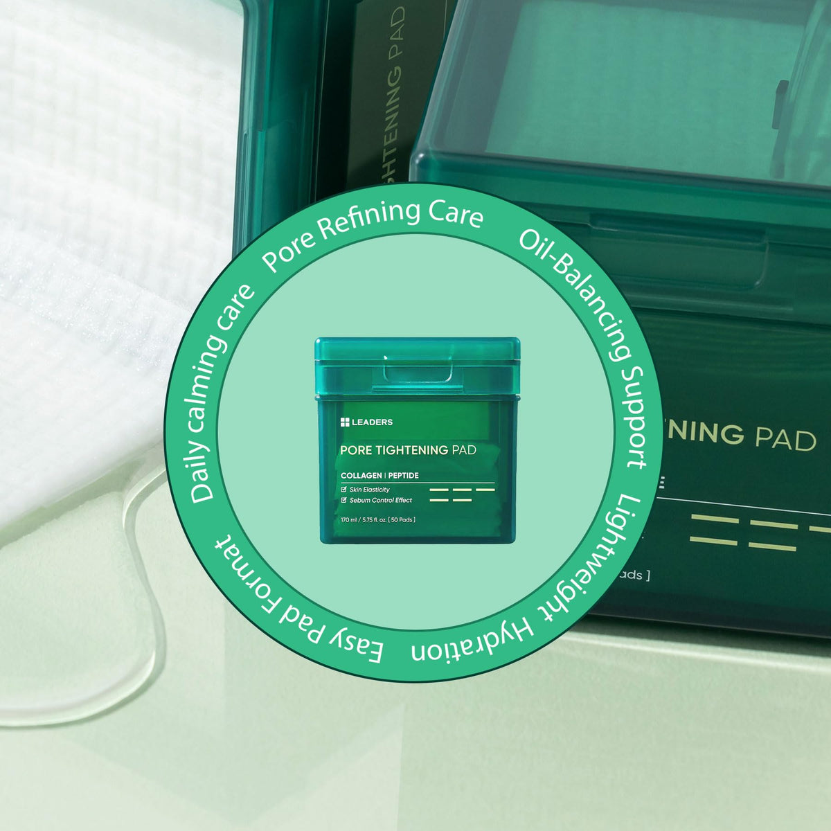 LEADERS pads arranged with cleanser and moisturizer to streamline routine