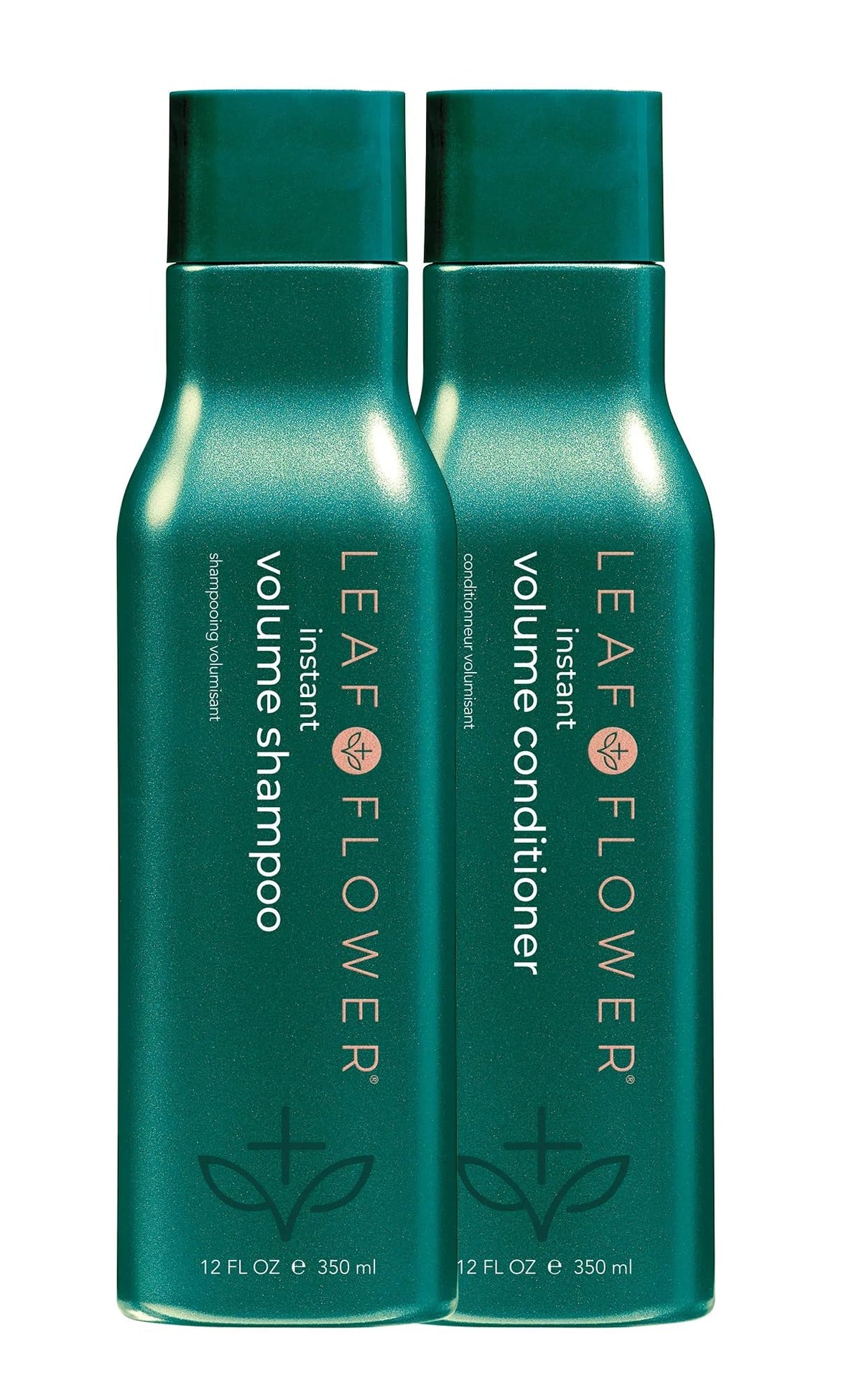 LEAF & FLOWER duo front packaging showing two 12oz bottles for volume and color care