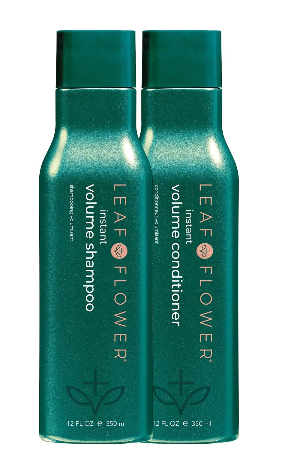 LEAF & FLOWER duo front packaging showing two 12oz bottles for volume and color care