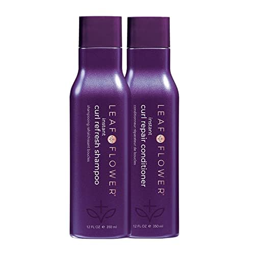 LEAF & FLOWER front packaging showing 12oz curl refresh shampoo and conditioner duo for easy care