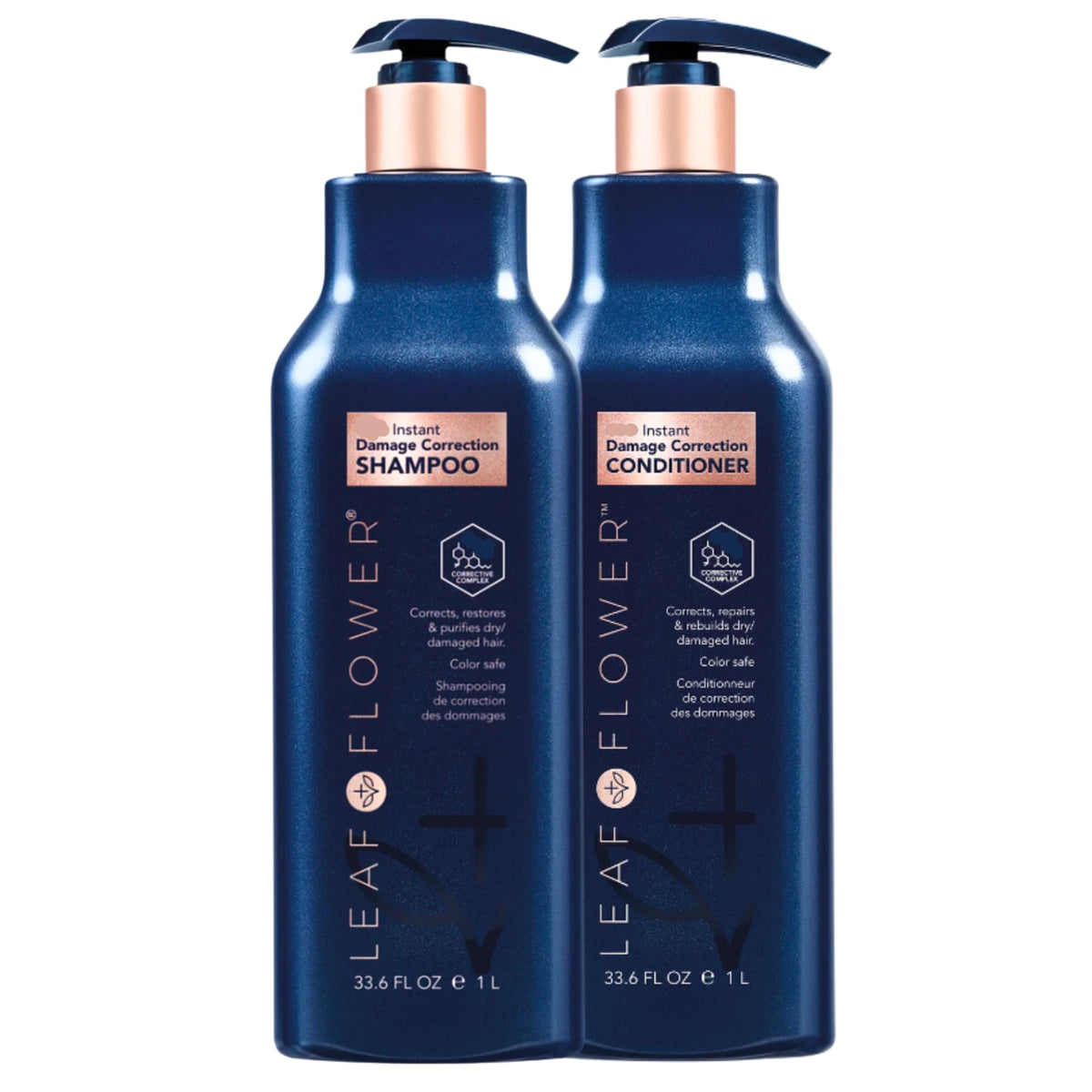 Leaf & Flower front packaging duo showing large 33.6 oz bottles and botanical benefit
