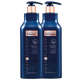 Leaf & Flower front packaging duo showing large 33.6 oz bottles and botanical benefit