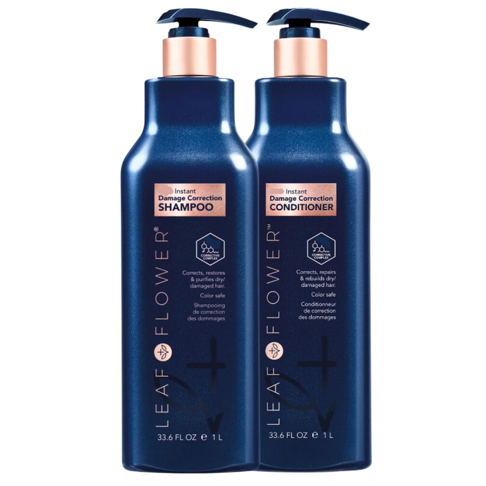 Leaf & Flower front packaging duo showing large 33.6 oz bottles and botanical benefit