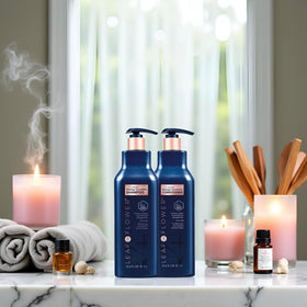 Leaf & Flower in-shower use showing lather on hair and improved manageability benefit