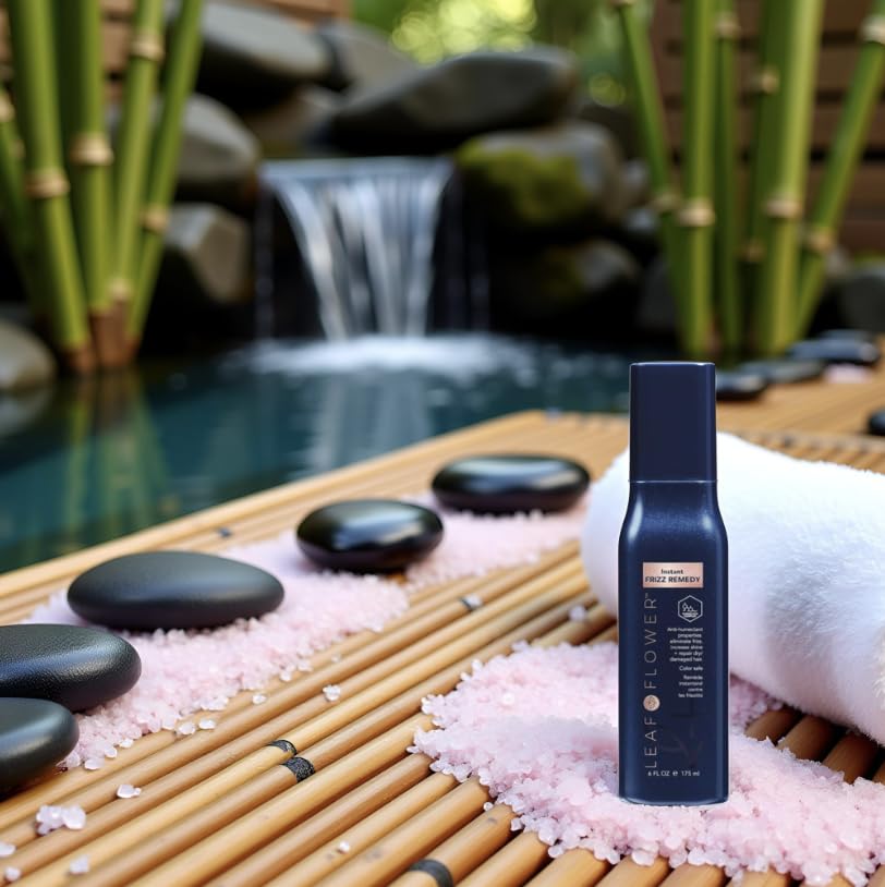 Leaf & Flower applying drops to hair ends illustrating smoothing and frizz control benefit