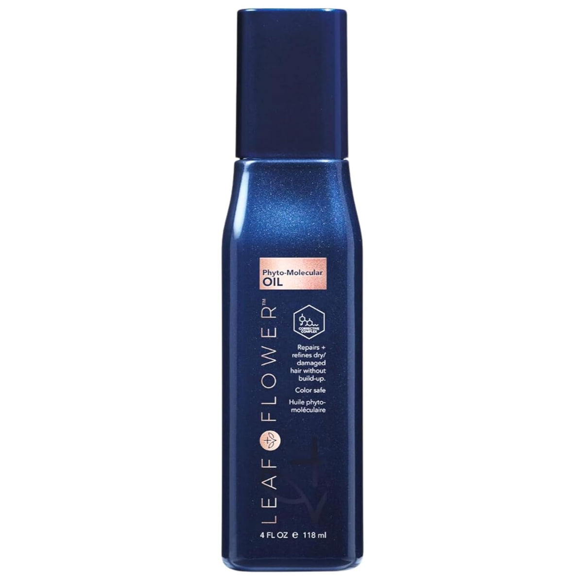 Leaf & Flower front bottle view showing lightweight repair oil for shiny, frizz-free hair