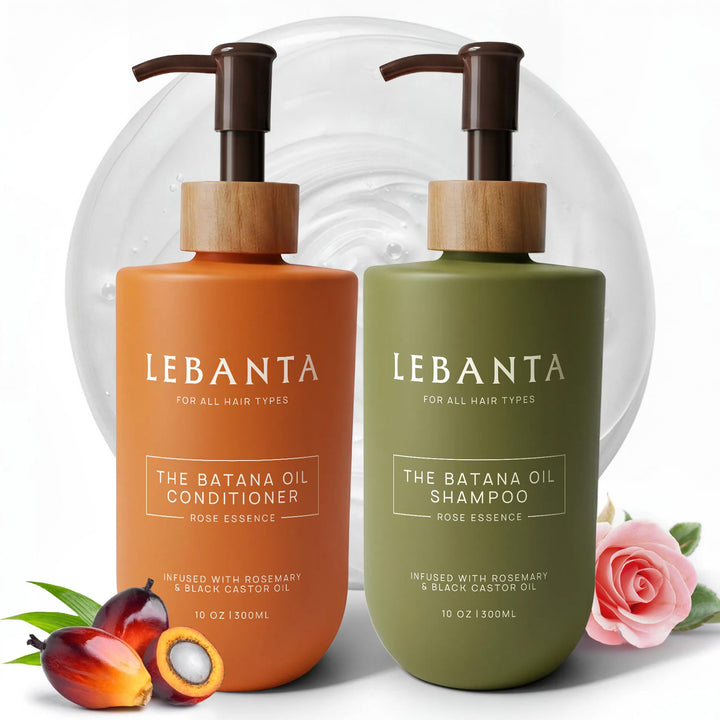 Lebanta front packaging of batana oil shampoo shows bottle and benefit of gentle cleansing