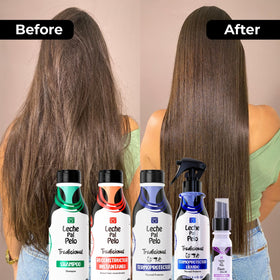 Applying Leche Pal Pelo to damp hair demonstrating detangling and protection