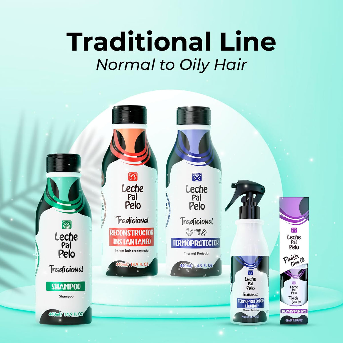 Leche Pal Pelo on bathroom shelf with blow dryer showing ready-to-style benefit