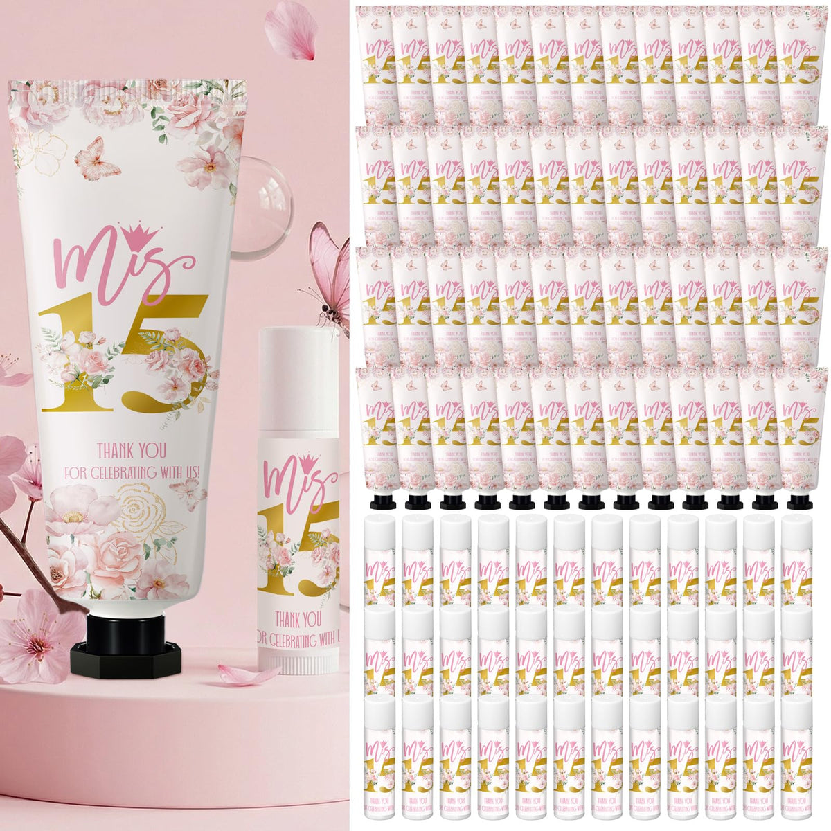 Leelosp front packaging showing complete quinceanera favor set, elegant gift-ready look