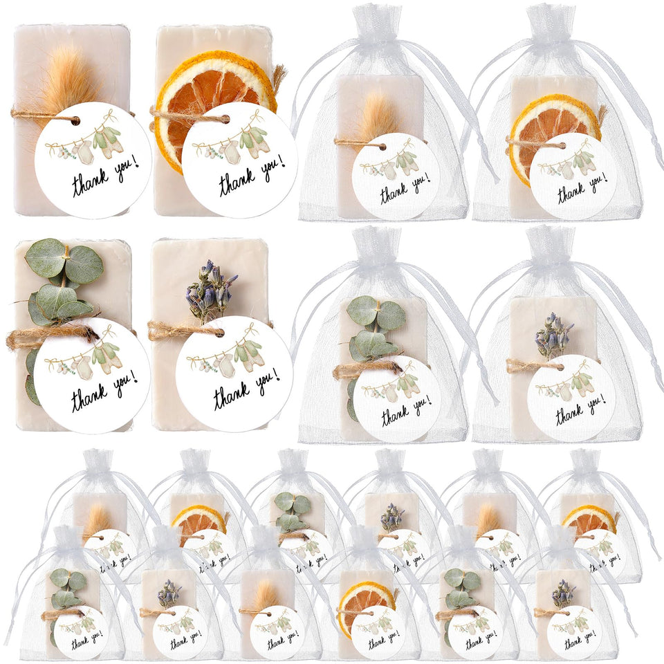 Leelosp front packaging showing 24 soap favor sets and neat presentation benefit