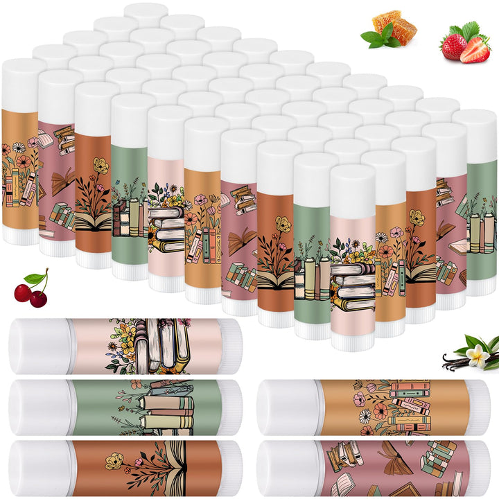 Leelosp front packaging showing 50-count bookish lip balm set and easy gifting