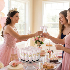 Leelosp favors on a decorated party table creating cohesive Sweet 15 atmosphere