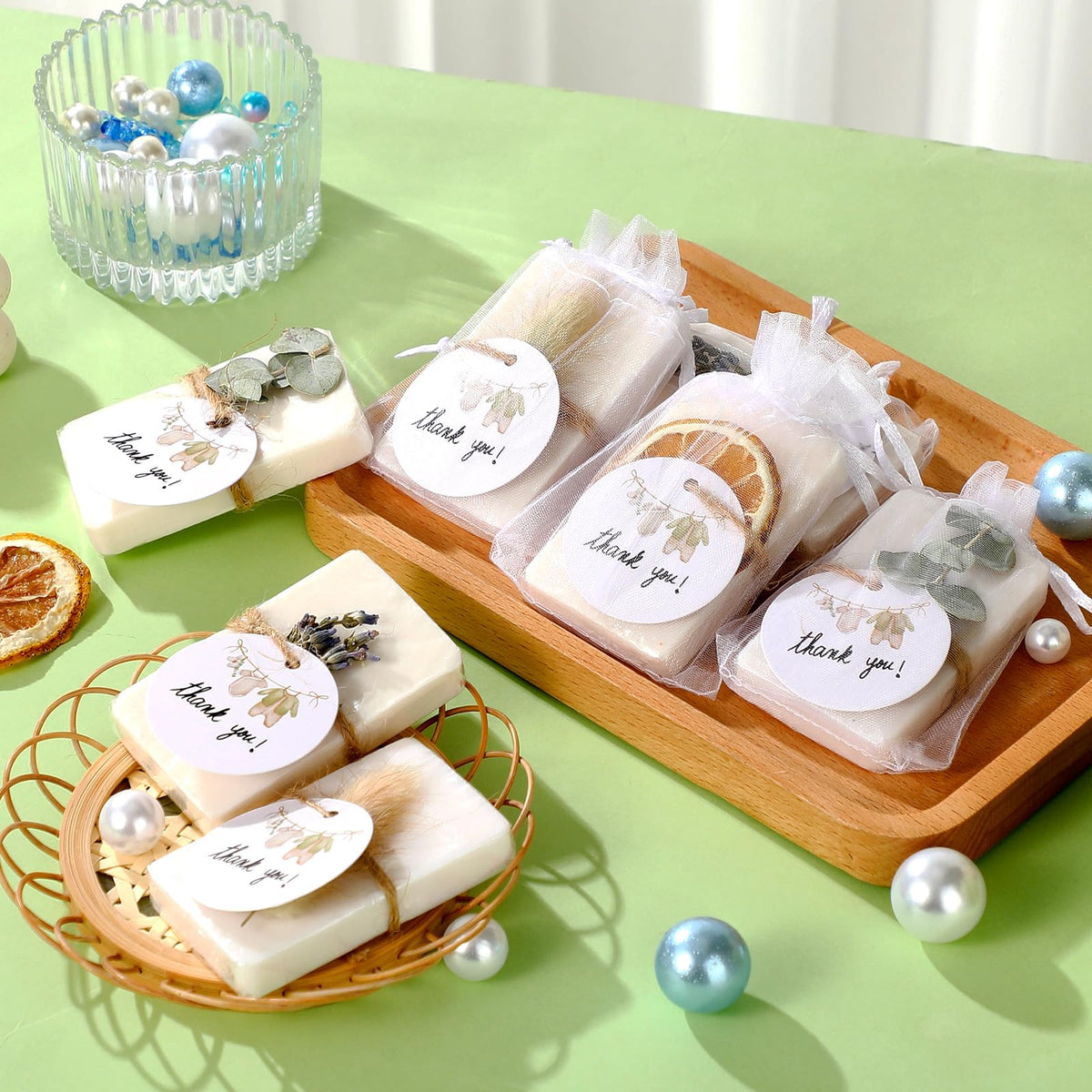 Leelosp group of transparent organza bags filled with soaps showing elegant display benefit