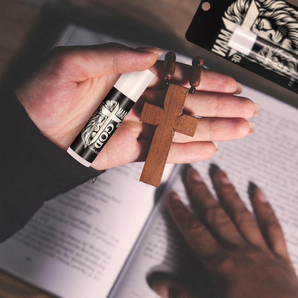 Leelosp tube tucked in a Bible pocket for daily spiritual reminder