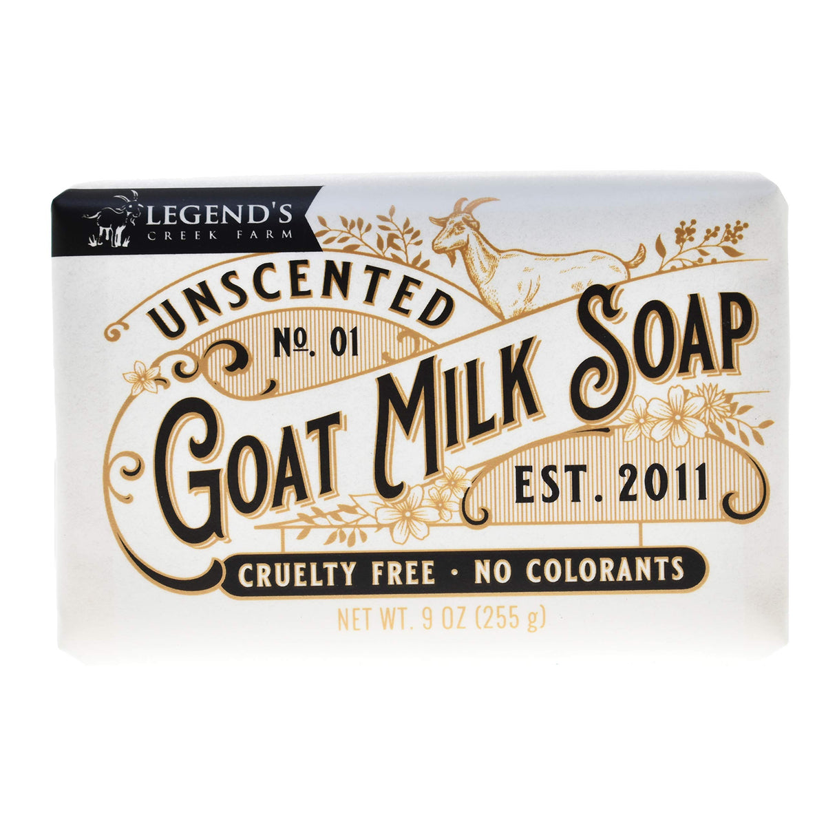 Legend's Creek front view of unscented goat milk soap showing clean packaging and ingredient clarity