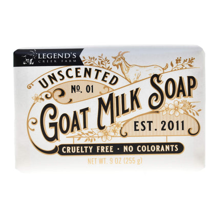 Legend's Creek front view of unscented goat milk soap showing clean packaging and ingredient clarity