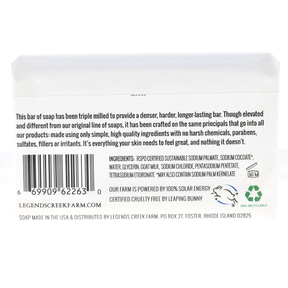 Legend's Creek 9 oz bar next to a hand showing large size and long-lasting value