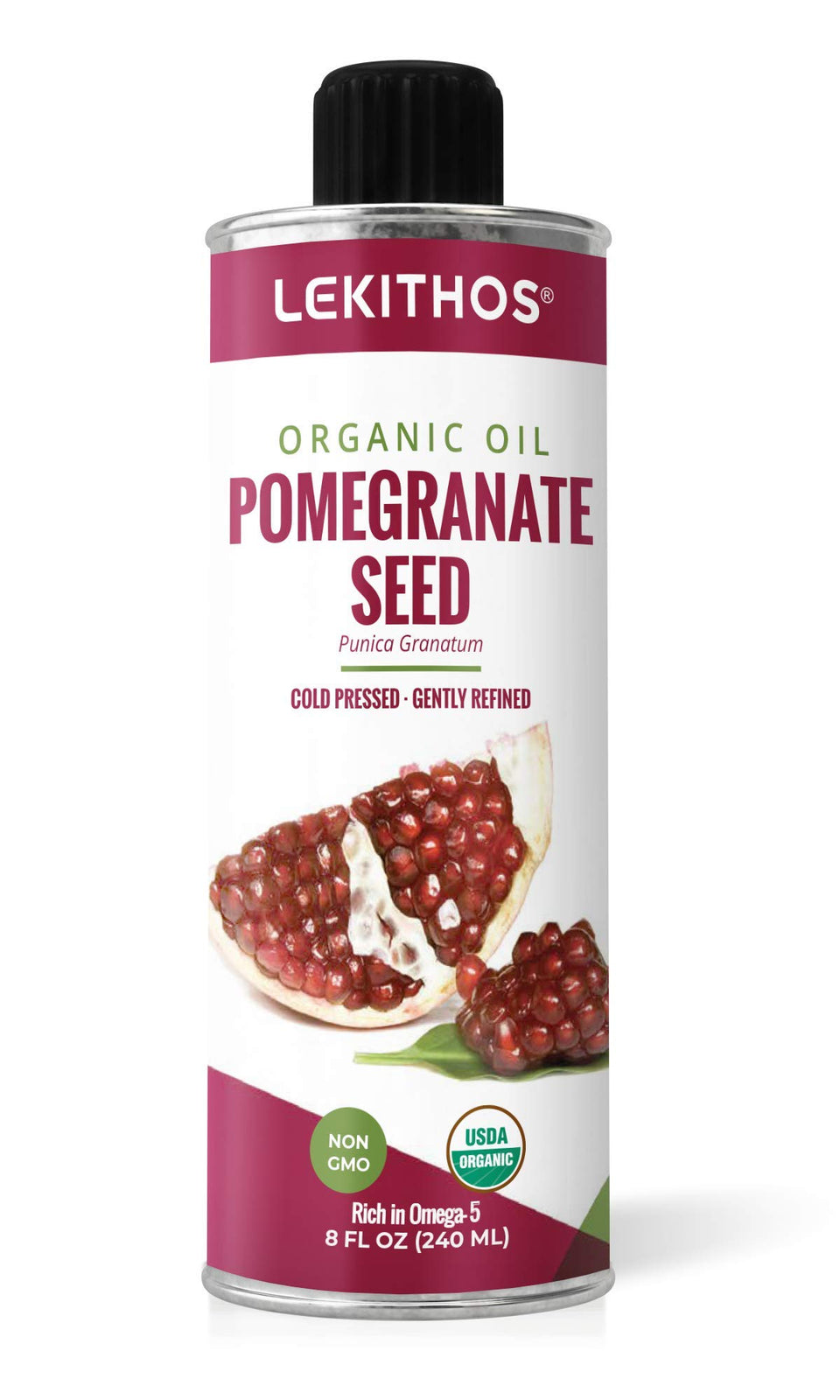 Lekithos front bottle view showing organic label and amber oil benefit