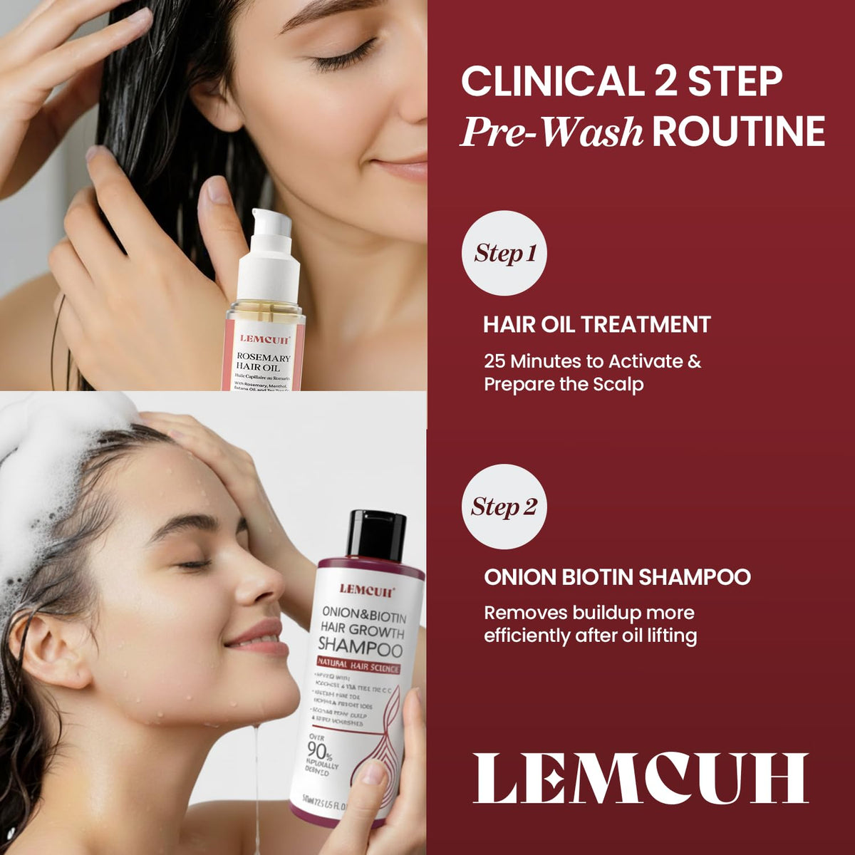 Lemcuh shampoo in use on wet hair showing easy application and rinse benefit