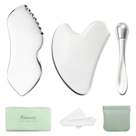 LeMeeOly front view of 3pcs gua sha set showing complete kit and benefits