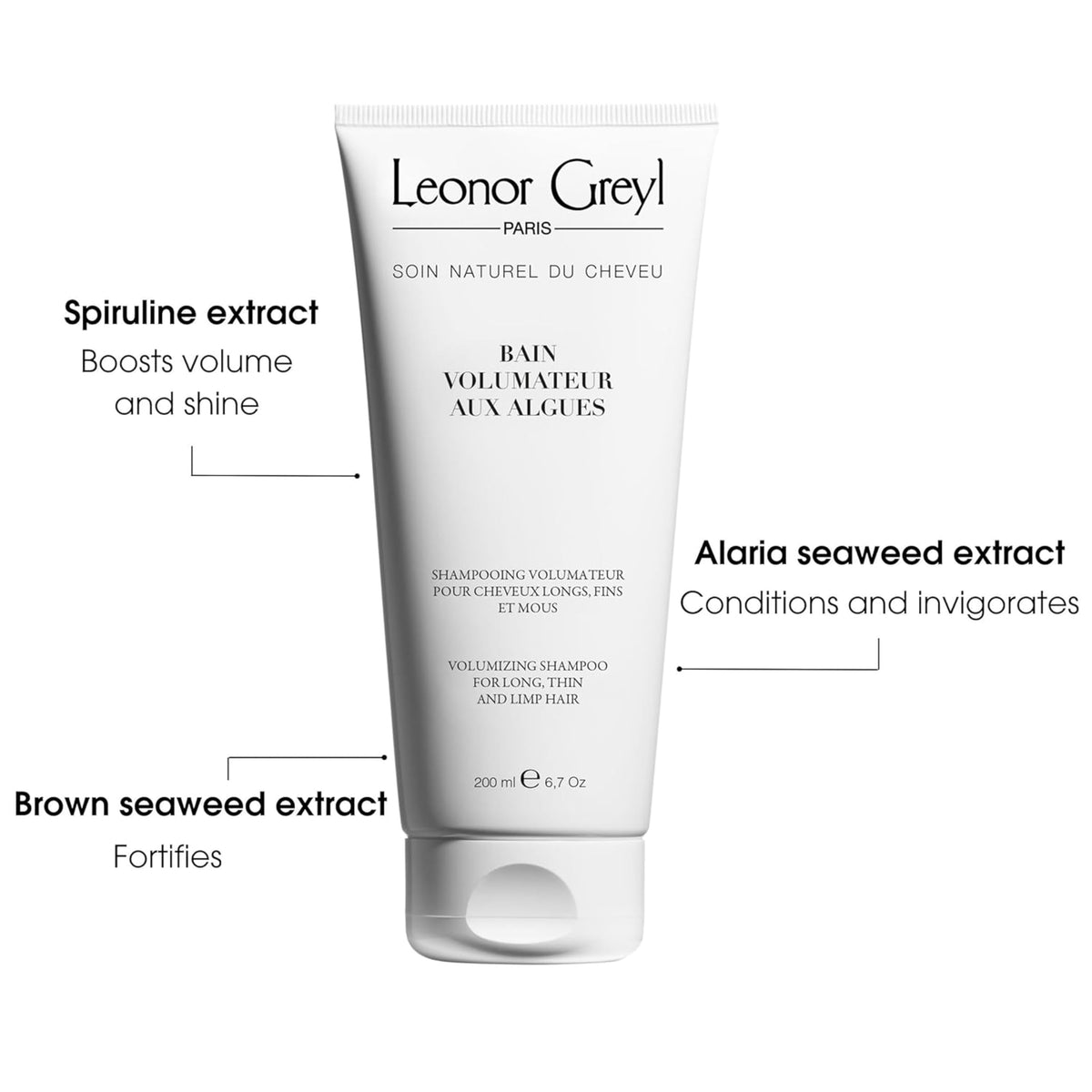 Leonor Greyl close-up label highlighting seaweed and protein ingredients