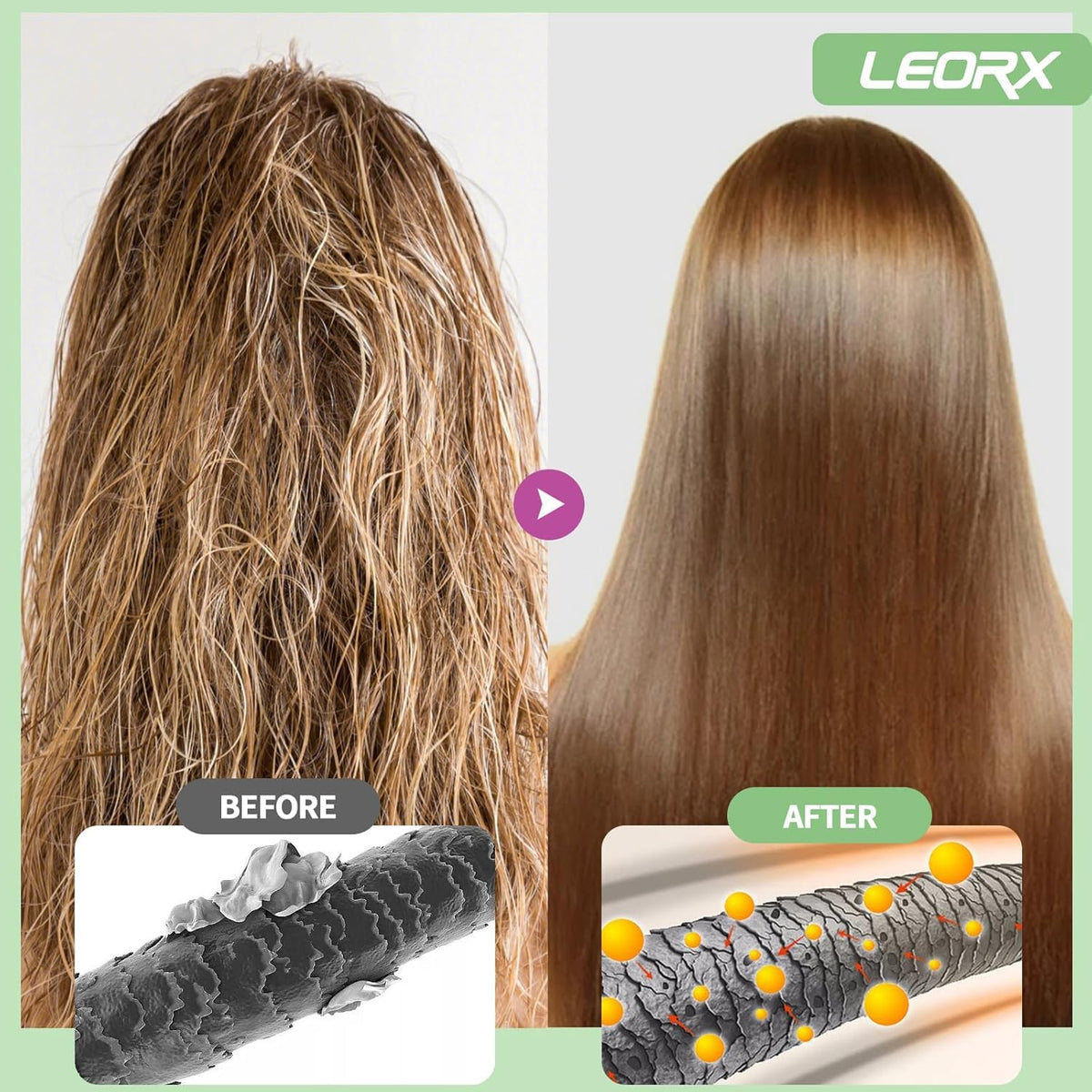 leorx close-up on hair shine highlighting smoother, healthier-looking strands