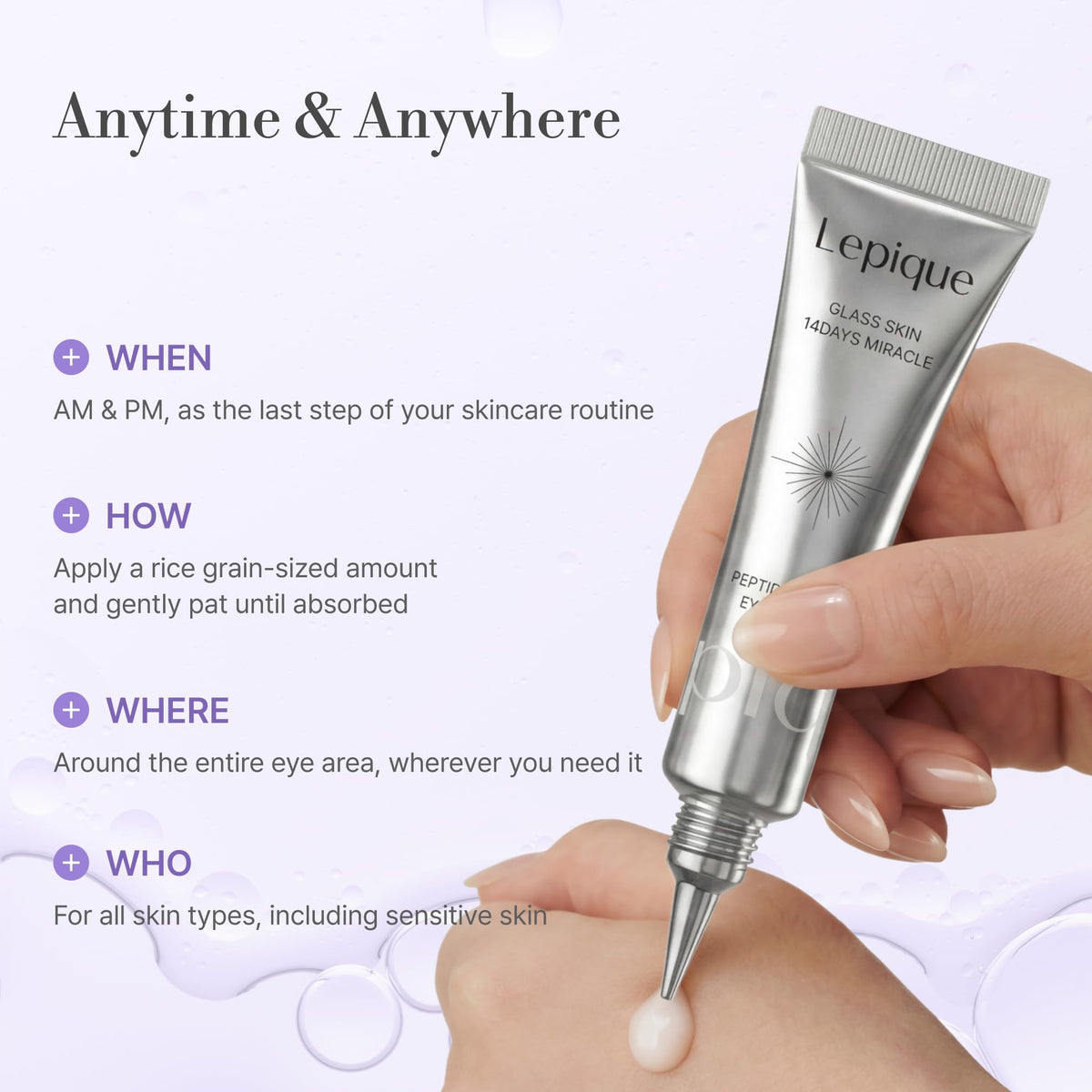 Lepique in-use under-eye application showing targeted wrinkle care