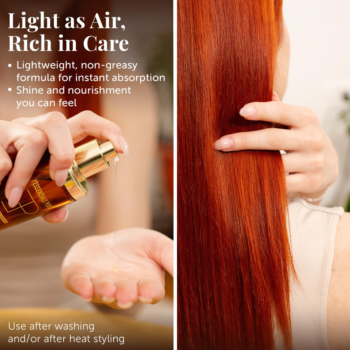 LEPURO before and after hair results, demonstrating frizz control and shine