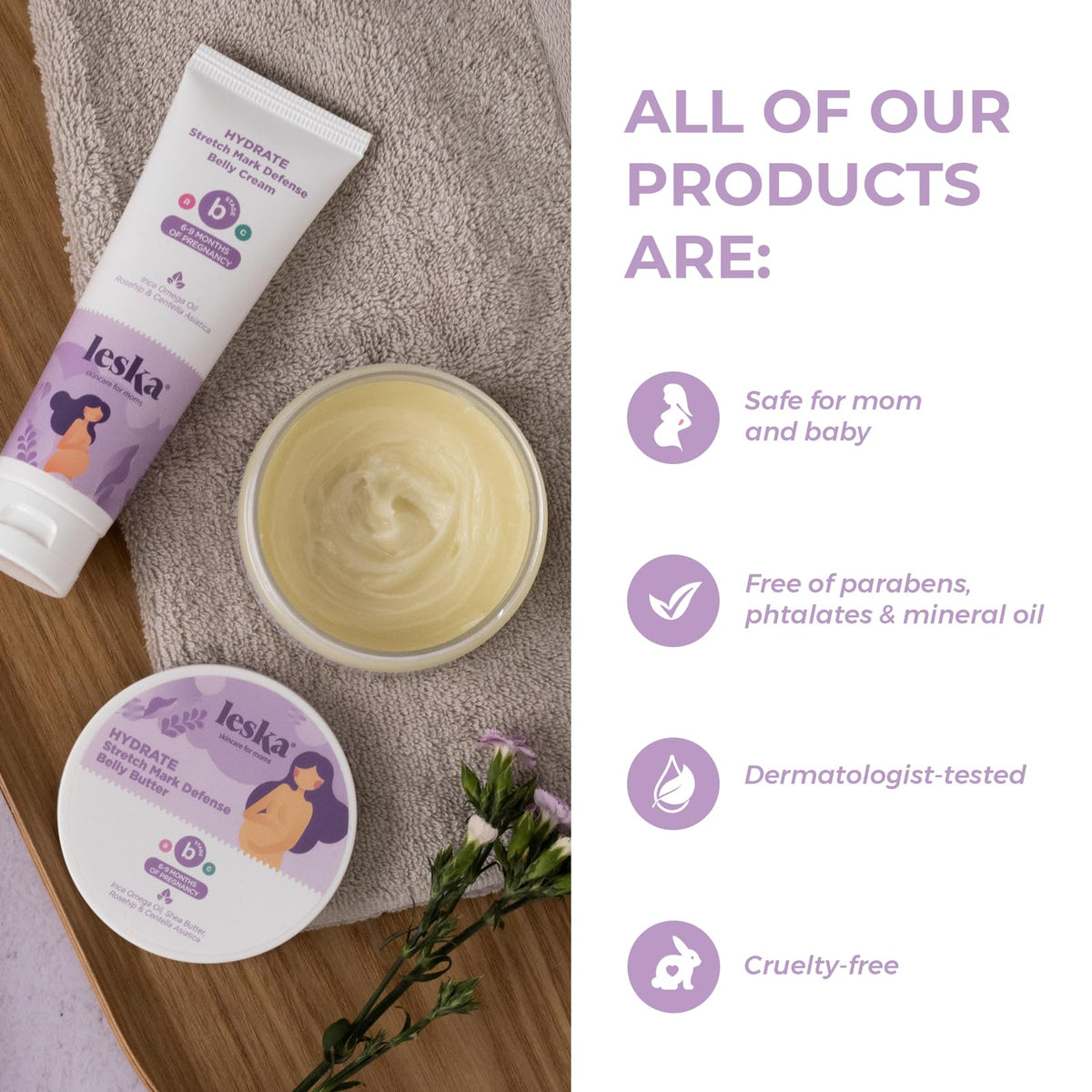 LESKA ingredients flatlay with rosehip and centella for soothing support