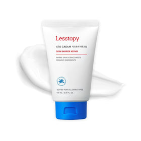 Lesstopy front packaging showing clean organic cream and calming design benefits soothing care