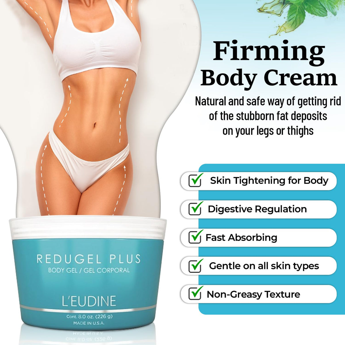 L'eudine applied to belly showing easy massage and smooth skin feel