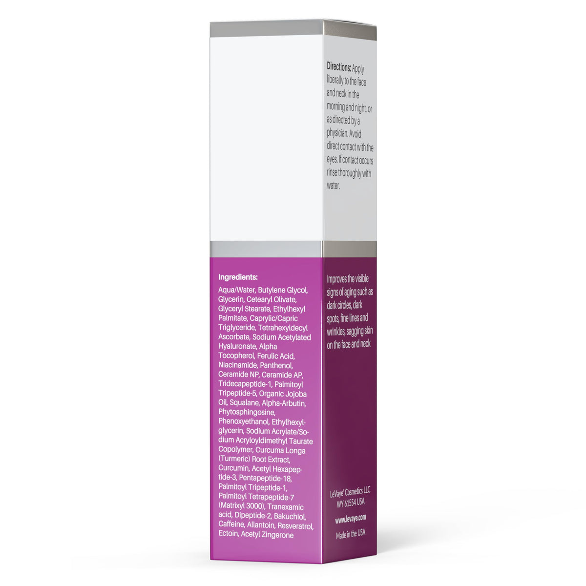 LeVaye' packaging label and directions showing clear usage benefit