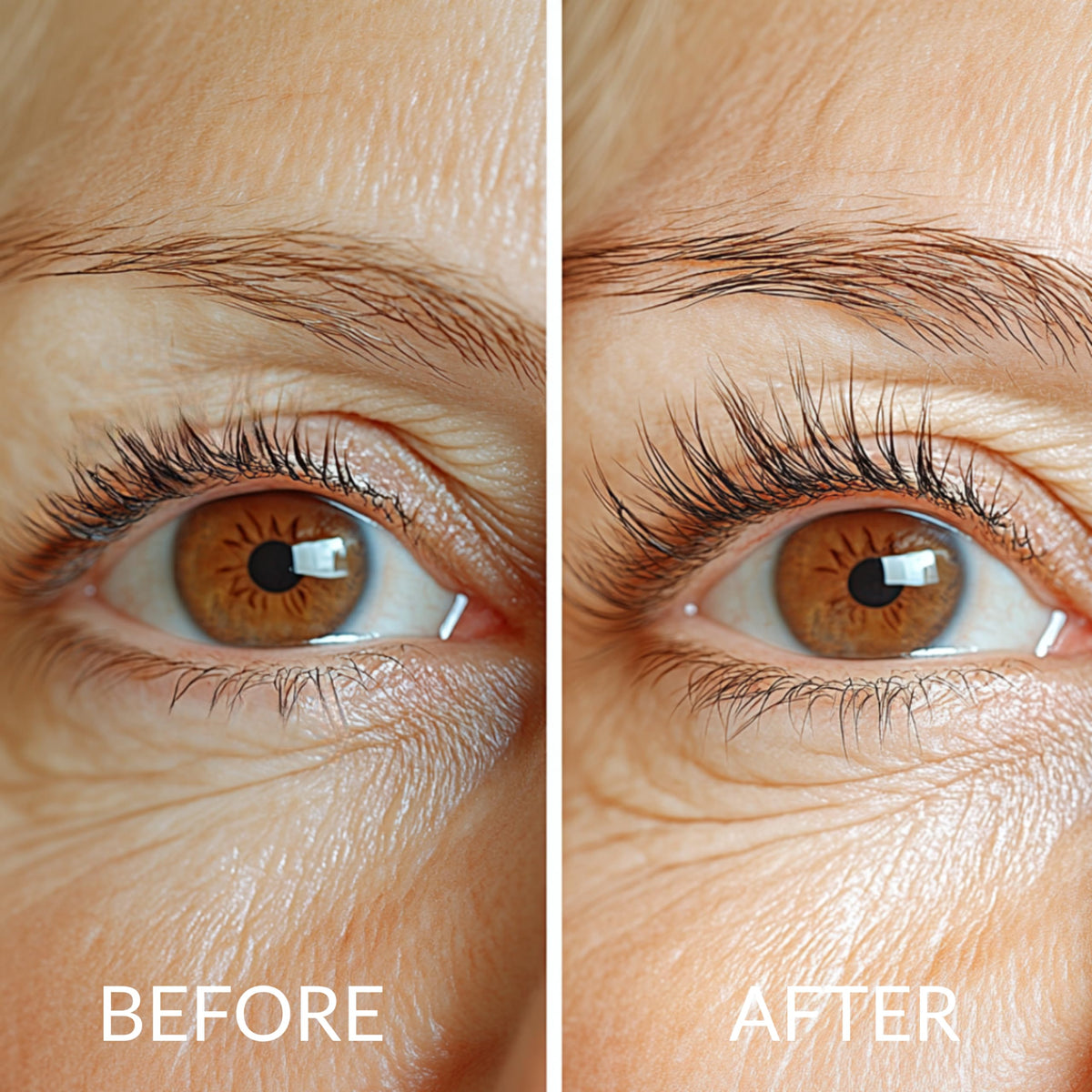 LeVaye' before and after comparison illustrating fuller, longer looking lashes