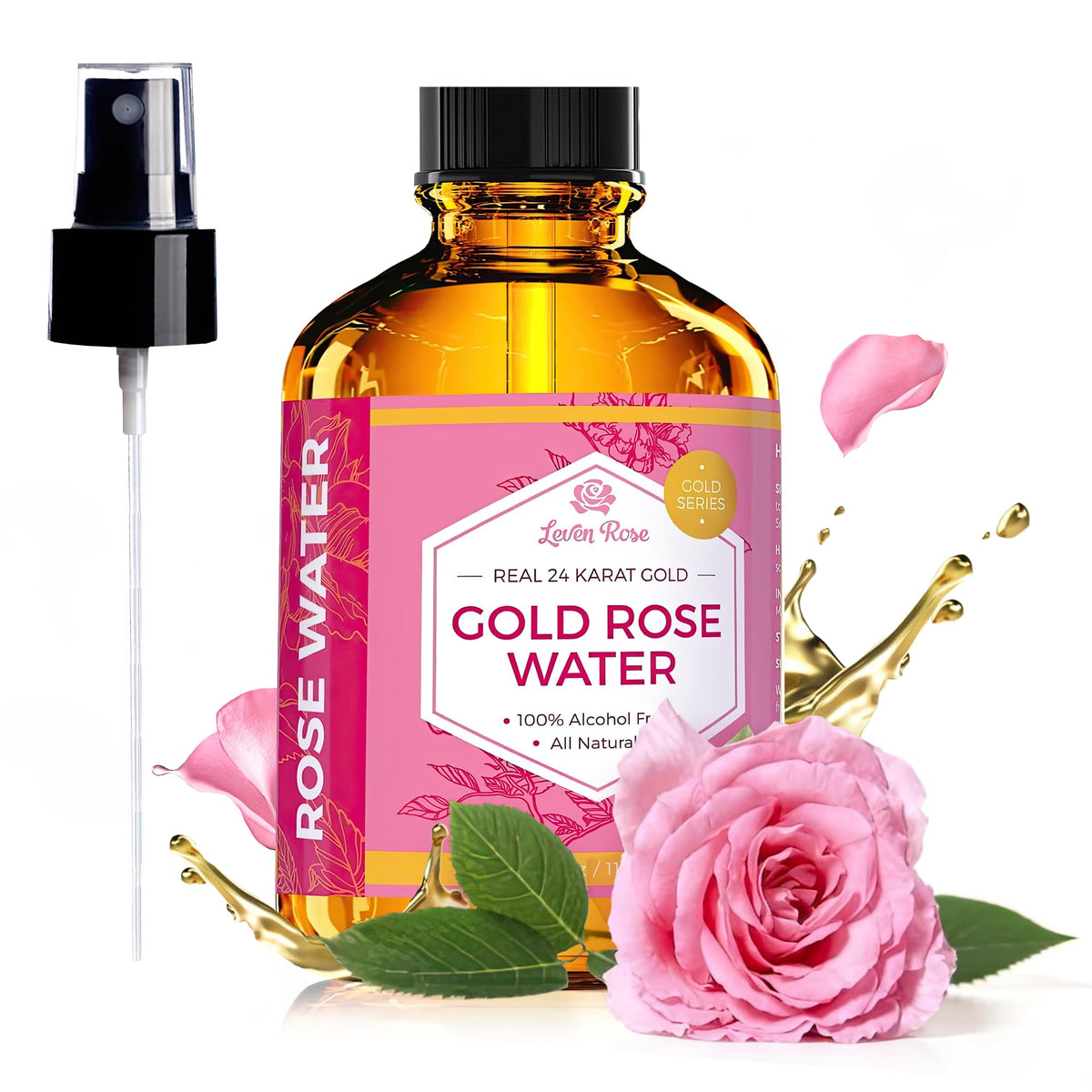 Leven Rose front bottle showing elegant packaging and immediate hydration benefit