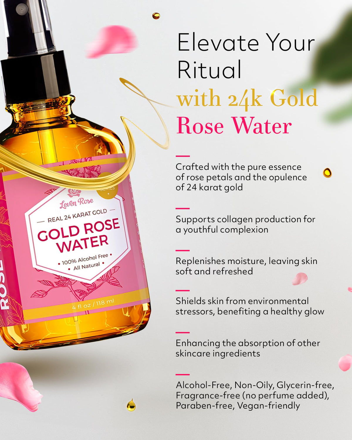 Leven Rose close-up of 24K gold particles in toner for subtle luminous finish