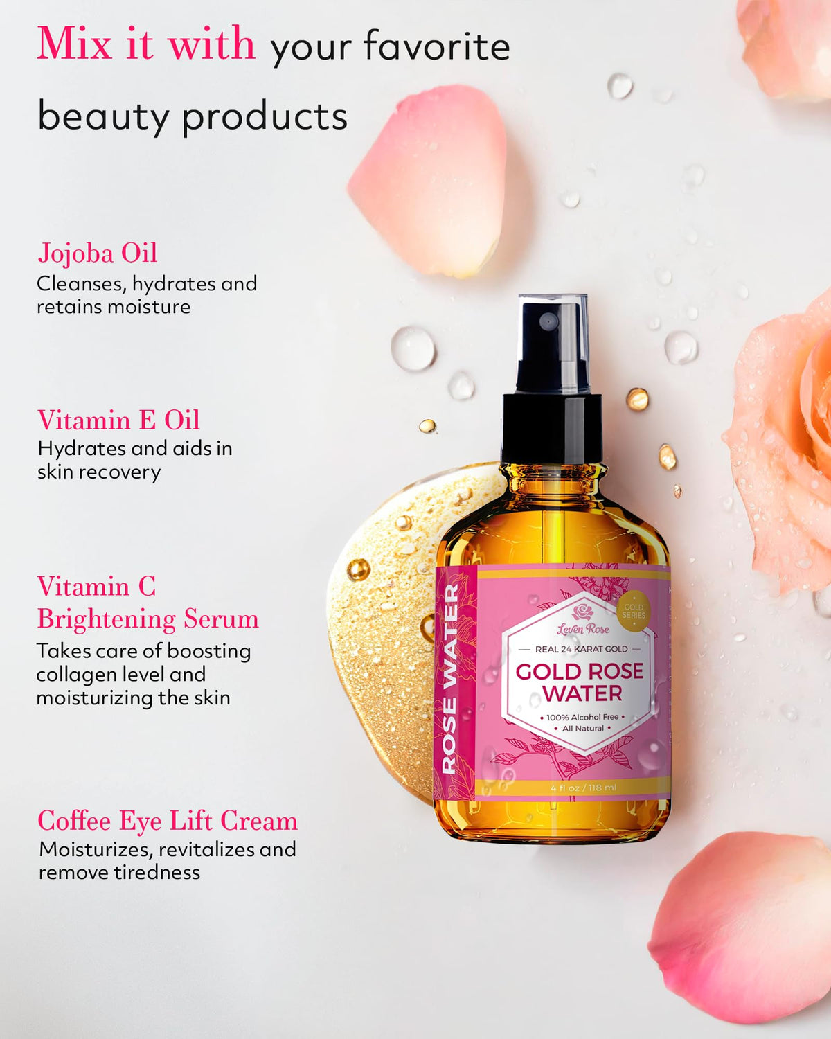 Leven Rose pour showing lightweight hydrosol texture for quick absorption