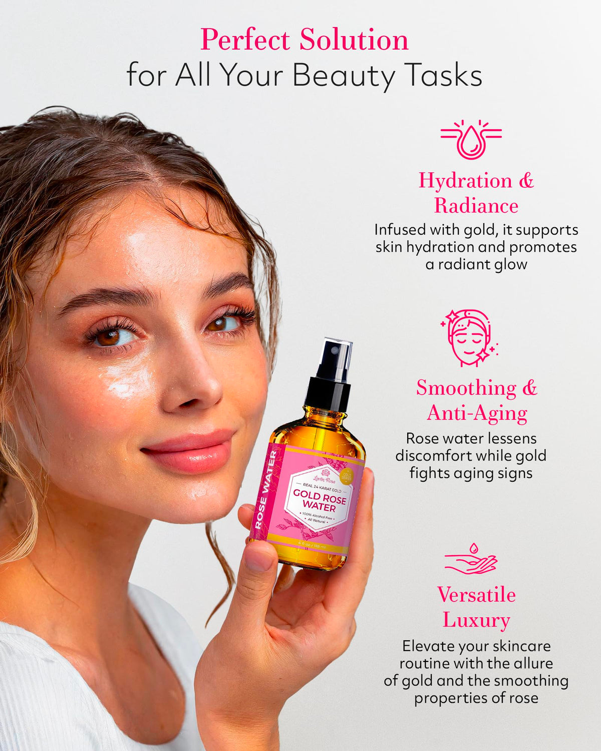 Leven Rose spray misting into hand to demonstrate easy application and refreshment