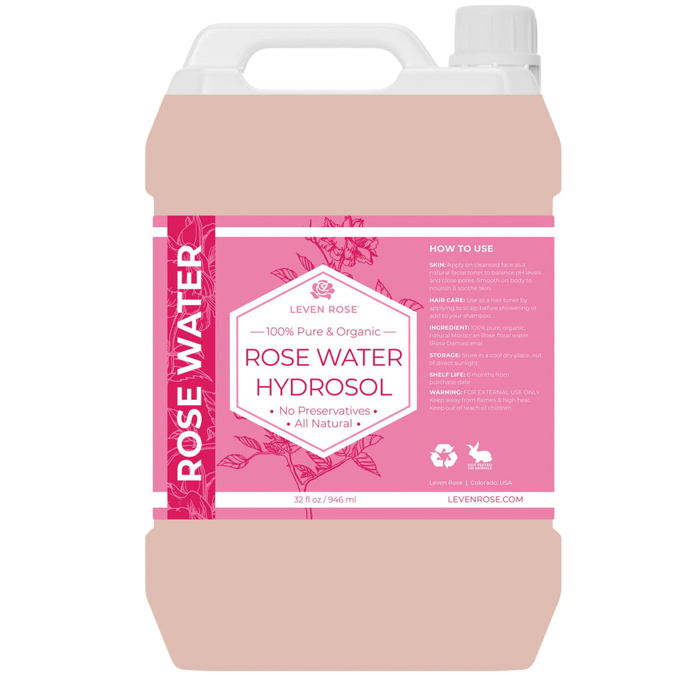 Leven Rose front bottle showing 32 oz refill and clear hydrosol benefits