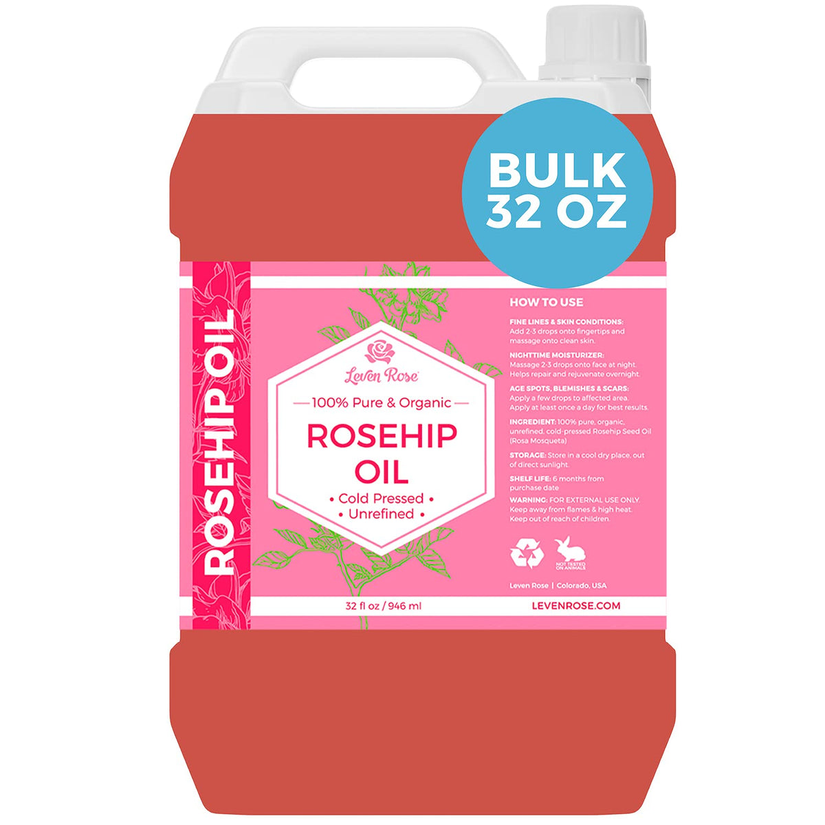 Leven Rose bottle front label showing product identity and volume benefit