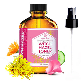 Leven Rose amber bottle front showing clean label and floral design for gentle toning