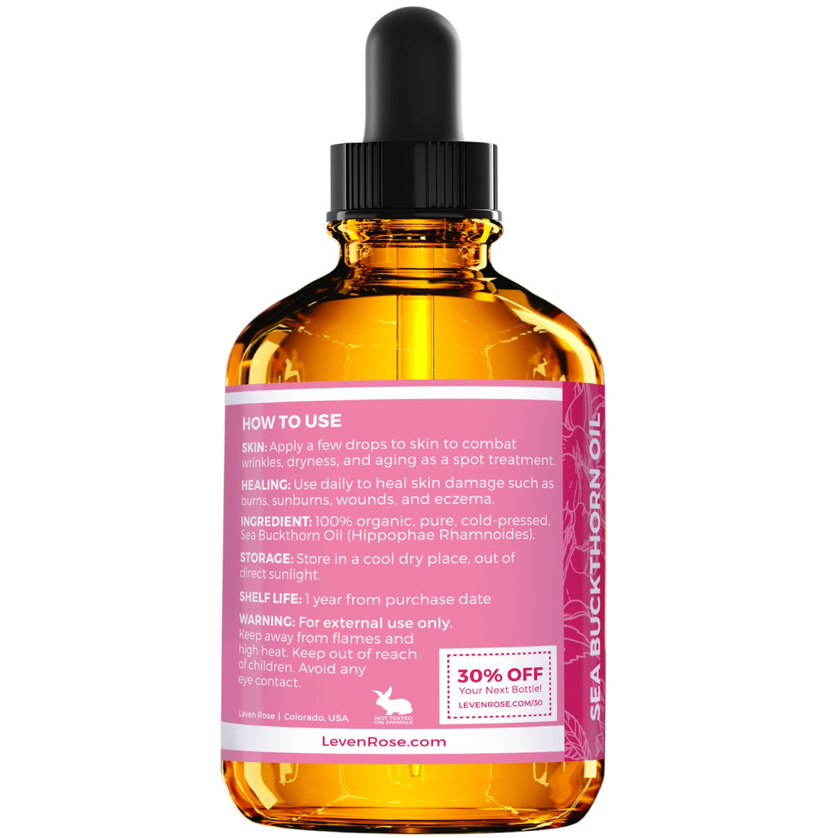 Leven Rose amber glass bottle close-up protecting oil freshness