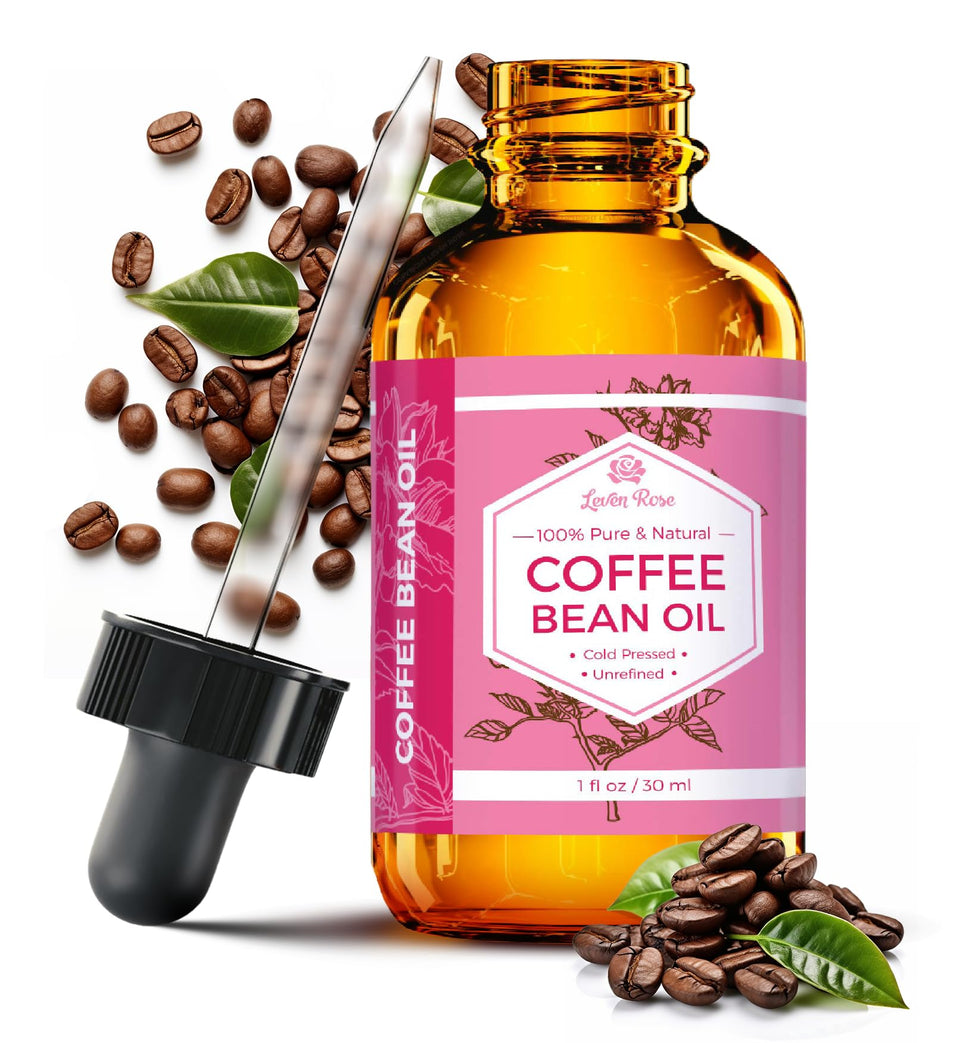 Leven Rose front packaging of coffee bean oil highlights pure cold-pressed benefit