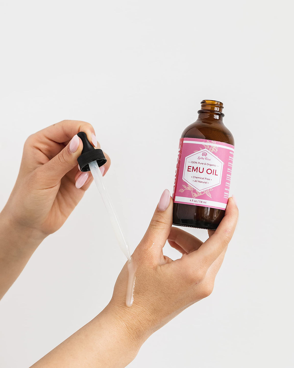 Leven Rose applied to hands demonstrating hydration and quick absorption benefit
